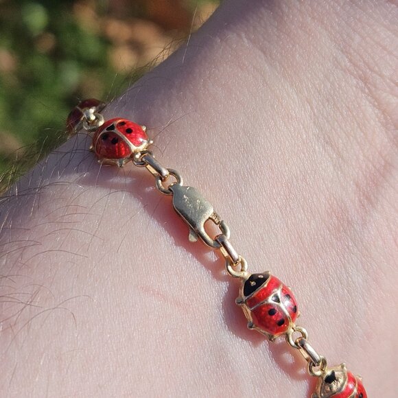 14K Yellow Gold Ladybug Lady Bug Link Bracelet 6.5 Inches - Picture 6 of 14